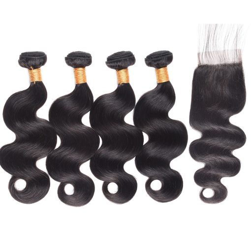 Peruvian Body Wave Hair 4 Bundles With Virgin Human Hair Lace Closure