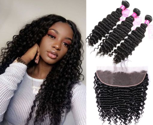 Peruvian Deep wave Hair 3 Bundles With Lace Frontal