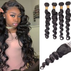 Peruvian Loose Deep Wave Hair 4 Bundles With Lace Closure