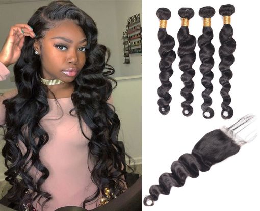 Peruvian Loose Deep Wave Hair 4 Bundles With Lace Closure