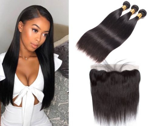 Peruvian Straight Hair 3 Bundles With Virgin Human Hair Lace Frontal