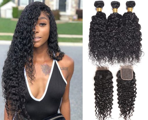 Peruvian Water Wave Hair Weave 3 Bundles With Lace Closure Deals
