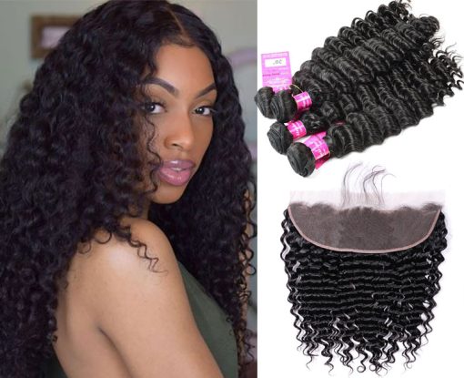 brazilian Deep wave Hair 4 Bundles With Lace Frontal