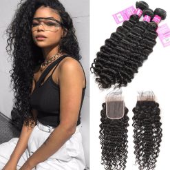 deep wave virgin human hair bundles with lace closure