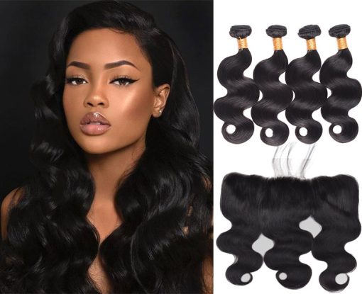Indian Body Wave Hair 4 Bundles With Lace Frontal Virgin Human Hair