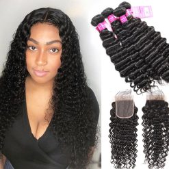 Indian Deep Wave 4 Bundles Human Hair With lace Closure