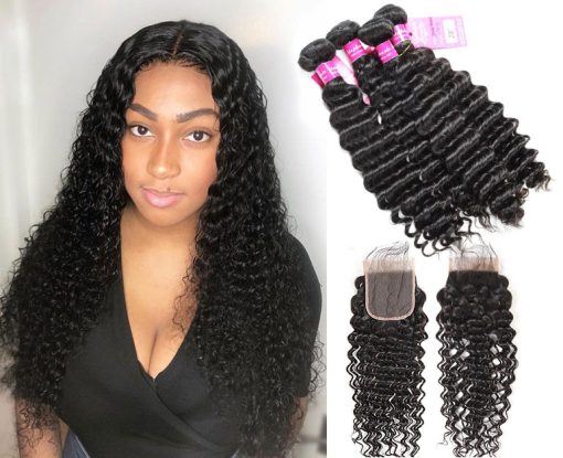 Indian Deep Wave 4 Bundles Human Hair With lace Closure