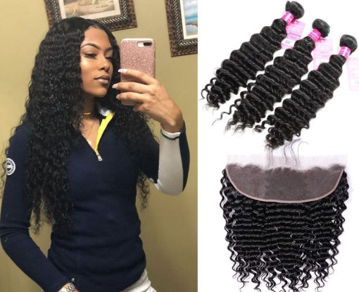 Indian Deep Wave Hair 3 Bundles With Lace Front