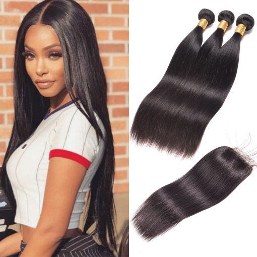 Indian Straight Hair 3 Bundles With Lace Closure Virgin Human Hair