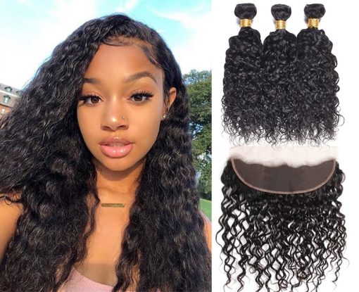 Indian Water Wave Hair 3 Bundles With Lace Frontal Closure Deals