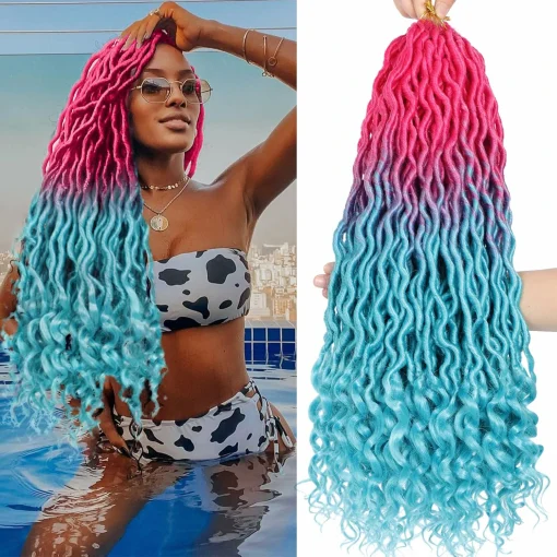 Ms Aloe Curly Faux Locs Crochet Hair 5Pack (120 Strands) Pink Lake Blue Ombre Wavy Faux Locs with Curly Ends Pre Looped Goddess Locs Crochet Hair for Black Women (20inch,Pink/Lake Blue)